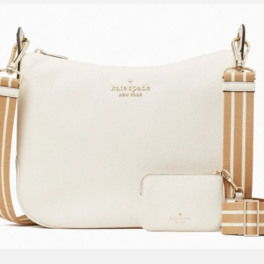 NWT Kate Spade Rosie Large Pebbled Leather Crossbody Bag + Zip Pouch Parchment